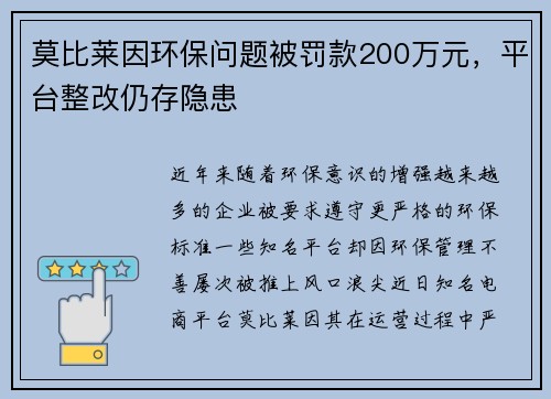 莫比莱因环保问题被罚款200万元，平台整改仍存隐患
