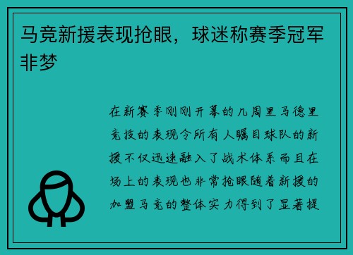 马竞新援表现抢眼，球迷称赛季冠军非梦