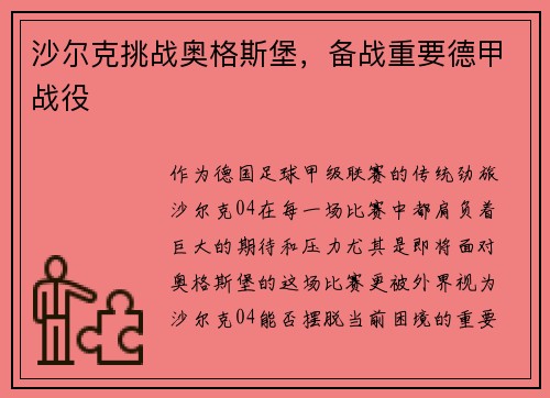 沙尔克挑战奥格斯堡，备战重要德甲战役